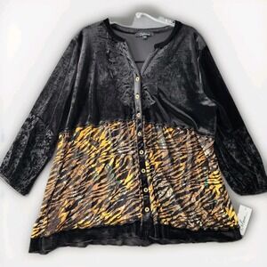 Calessa Art to Wear 1X Black Animal Print Velvet Burn Out Embroidered Dark Fairy